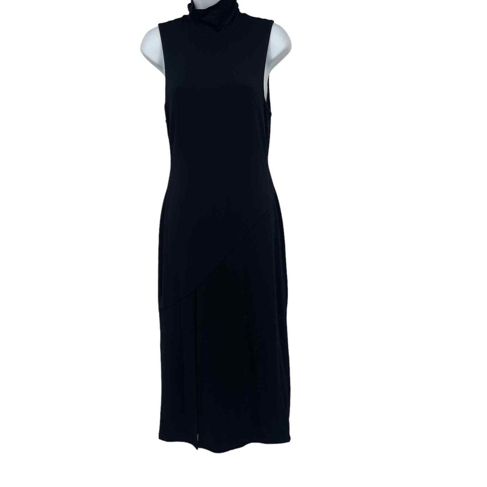 New Good American Black Midi Dress Size 2 M High Slit Mock Neck Sleeveless